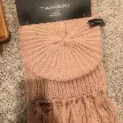 TAHARI Women's Scarf and Hat Gift Set Knit Fringed Hat and Scarf Brand New $52