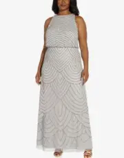 ADRIANNA PAPELL 18 Bridal Silver Art Deco Blouson Beaded Halter Gown NWT