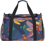 [STVYUKL] Hand Painted Dragonfly Travel Duffel Bag Lightweight Waterproof Carry On Tote Bag Foldable Weekender Overnight Bags Sport Gym Bag For Women Men, Black, One Size