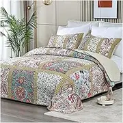 Quilt Set Full Queen Size Bohemian, Classic Boho Geometric Floral Printed Cotton Ultra Soft Lightweight Quilted Bedspread/Coverlet/Bed Cover for All Season