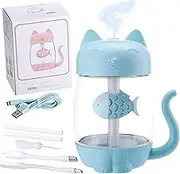 Multi-Functional Portable Humidifier with 4 Modes Light, 350ML Creative Gift Cat Humidifier 3-in-1 with USB Port, Rechargeable Air Humidifying Unit for Nursery, Office, Plants, Car Blue