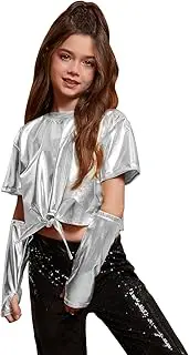 [Perfashion] Girls Metallic Shirts Shiny Tie Front Knot Crop Top with Arm Sleeves for Dancing Raves Festivals 4-15 Years