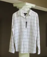 TAHARI White & Navy Blue LINEN BLEND Collared Button Down Shirt Top Size XL NWT