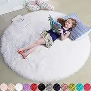 Amdrebio White Round Rug for Bedroom,Fluffy Circle Rug 4'X4' for Kids Room,Furry Carpet for Teen's Room,Circular Rug for Nursery Room,Fuzzy Plush Rug for Dorm,White Carpet,Cute Room Decor for Baby