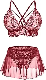 CRIPOM Sexy Lingerie for Women Naughty 3 Piece Lace Bralette, Mini Skirt with G-String Crotchless Lingerie Outfits