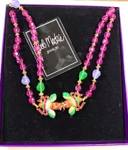 Bob Mackie 2 Strand Fuchsia Lucite Beads Enamel Bee Clasp Necklace 32” NIB