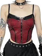 Adigau Damen Gothic Leder Crop Top Y2K Spaghetti BH Top Corset Top Punk Tanktop Schulterfrei Oberteil Emo Grunge Outfit Spinnennetz Dark Schwarz Party Nachtclub Streetwear