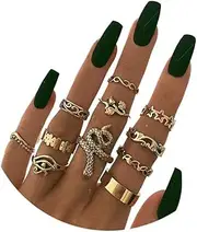 [HUJUON] 9-11 Piece Vintage Snake Knuckle Stacking Ring for Women Girl. Boho 14k Gold Serpentine Stackable Midi Finger Ring Sets