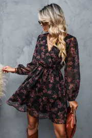Cupshe Floral Chiffon A-Line Dress - Black,L