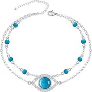[Fenthring] Evil Eye Anklet Greek Blue Evil Eye Ankle Bracelets for Women Sterling Silver Turquoise Anklet Jewelry, 10 inches, Sterling Silver, Cubic Zirconia