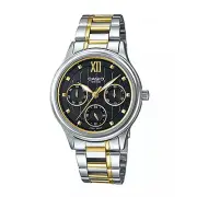 CASIO BLACK DIAL DAY & DATE TWO-TONE ST.STEEL LADIES WATCH LTP-E306SG-1A NEW
