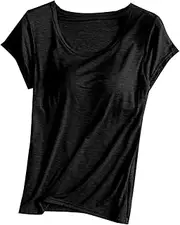 [Suhorseful] Women's Pajama Top with Built-in Bra Short Sleeve T-Shirt Padded Wireless Bra Tops Yoga Shirt Soft Sleep Tee Sleepwear