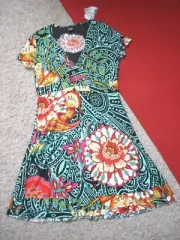 NWT $114 Desigual Deep V-neck Floral Print Cap Sleeve Flared Dress Size XL NEW