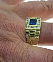Blue Square & White CZ Real 14k Yellow Gold Men Nugget Ring 10.7 Gr Size 10.5