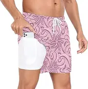 [GuoChe] Swimming Trunks for Men Mens 2 Layer Running Shorts Valentine's Day Stylized Flowers Pink Mauve with Compression, Valentine's Day Stylized Flowers Pink Mauve, XX-Large