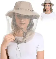 Mosquito Head Net Hat - Bug Cap Upf 50+ Sun Protection With Hidden Netting For Beekeeping Hiking Men & Women Khaki