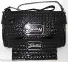 GUESS SOMERSET Patent Shoulder Bag Purse Top Zip Banana Wallet Checkbook Black