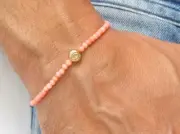 14 K solid gold evil eye bracelet amulet beads pink coral gemstone hamsa luck