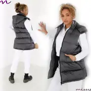 NEW WOMENS GREY LONGER BODYWARMER HOODED PUFFER GILET Ladies ZIP Coat Size 8-16