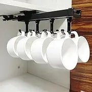 Mug Holder Under Cabinet, Pull Out Coffee Mug Holder, Hanging Mug Hooks for Coffee Bar, Slide Out Cup Organizer with 8 Hooks, Display Under Cabinet for Kitchen Bar, Black