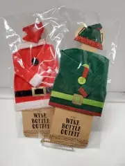 Set Of 2 Christmas Holiday Wine Bottle Outfits-Santa & Elf