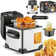2000W Electric Deep Fryer, 1.5L Stainless Steel Small Deep Fat Fryer with Frying Basket and Lid, Adjustable Temperature 0℃-190℃, Security Protection, Small Deep Fat Fryer for Chips Fries Donuts