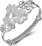 Fashion Bracelet,Gifts for Mum,Women 925 Sterling Silver Bracelet Chinese Matte Flower Adjustable Cuff Bangle Classic Bracelet Ladies Silver Jewellery Birthday Gifts for Sisters Friend Couples