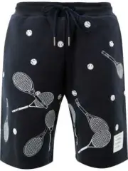 $1200 THOM BROWNE Sweat Shorts In Loopback Cotton With Allover Racket Size 2