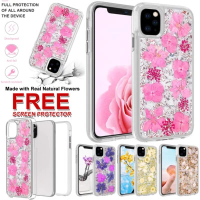 For Apple iPhone 13 Pro Max 12 Luxury Durable Gold Foil Glitter Real Flower Case