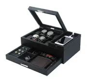 Mens Jewelry Box Valet Tray with Drawer and Charging Station Black