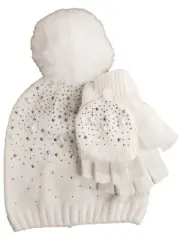Womens White Knit Fluffy Pom Beanie & Fingerless Gloves Mitten Set Pearl & Gems