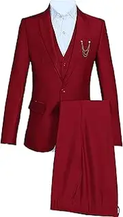 [JEShifangjiusu] Men 1 Buckle Solid Color Performance Set Fashion Formal Wedding Tuxedo 3 Pieces Suit Prom Party Business Jacket Vest Long Pants, wine red, L