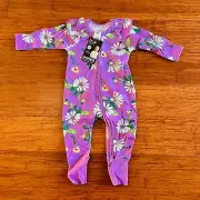 Bonds Baby Frill Zip Wondersuit Size 00 Floral Purple White Daisies Green
