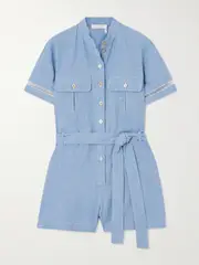 [Chloé] Chloé - Belted Crochet-trimmed Cotton-chambray Playsuit - Navy - FR 42 FR 42 Blue