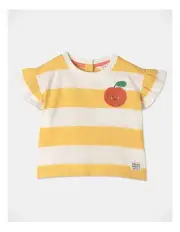 [Jack & Milly] Phoebe Peach Embroidery Flutter Sleeve Stripe Tee in Yellow