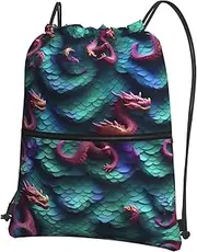 EdWal 3d Magical Dragon Scales Pattern Print Drawstring Backpack Gym Bags Sports Bags With Zipper Pocket For Travel Beach, Black, One Size