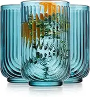 Glaver's Art Deco Drinking Glasses, Blue Arch Design, 17 oz Highball Glass, Set of 4
