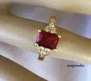 Women's 2CT Emerald Cut Real Red Ruby Engagement Jewelry Ring 14K Yellow Gold FN