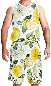 [KQNZT] Basketball Jerseys Shorts Sport Set, Outfit Tank Top Track Shorts, Hip hop Clothing for Party, Vintage Fruit Lemon Pastorable Flower