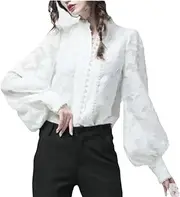 [Generic] Women Lantern Sleeve Lace Shirt Long Sleeve Stand Collar Beads Casual Tops