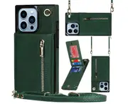 PU Leather Phone Case for Women-Green, IPhone 15 Pro 6.1 Inch Wallet Case With Wrist Strap