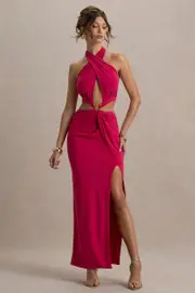 Aura | Hot Pink Halter-Neck Cut-Out Split Maxi Dress