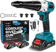 ONEVAN Cordless Rivet Gun with 2PCS Batteries and 1.2A Fast Charger, Brushless Electric Rivet Gun, 0.78" Stroke Length, Rivet Gun Kit for 1/8", 5/32", 3/16" Stainless & Aluminum Rivets
