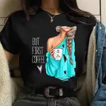 COFFEE GIRL CASUAL T-SHIRT原宿風時尚咖啡少女休閒黑色歐美T恤大碼T恤女短袖T恤女短T恤女情侶上