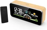 Weather Stations with Outdoor Sensor, Wooden Weather Monitoring Clock, Digital Thermometer Temperature Humidity, Color Display Wireless Forecast Station for Home