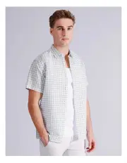 [Blaq] Gregory Geo Print Short Sleeve Linen Blend Shirt in Sage