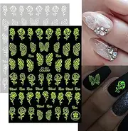 Luminous Nail Art Stickers, 6 Sheets Glow in the Dark 3D Nail Stickers for nail Art Butterfly Flowers Designer Stickers Self-Adhesive Nails Art Supplies