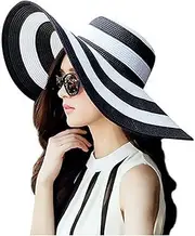 [QUUPY] Womens Wide Brim Straw Hat Black and White Striped Floppy Beach Sun Hat Foldable Summer Cap UPF 50+