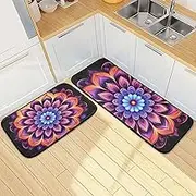 XYMZR Kitchen Mat Colorful Mandala Purple for Floor, 2 Piece, Non Slip Washable Kitchen Rugs for Kitchen & Home Decor, Sink, Bathroom 19.7” x 27.6” + 19.7” + 47.2”