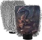 XYMZR Dragon Books Black Absorbent Microfiber Car Wash Mitt, Funny Cute Anime Scratch Free for Cars Cleaning, Home Cleaning Mitts, 2 Pack, 10.24” L x 7.09” W